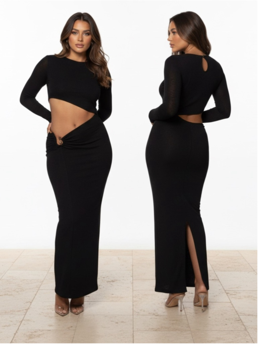 JLUXLABEL Summer Romance Cutout Side Long Sleeve Maxi Dress Black Size Large NEW